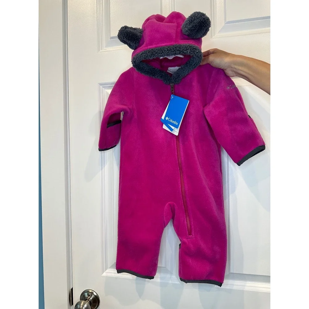 Columbia Baby Fleece Snowsuit Pram‎ Suit Hooded Bear Ears Pink Sizs 3-6 Months